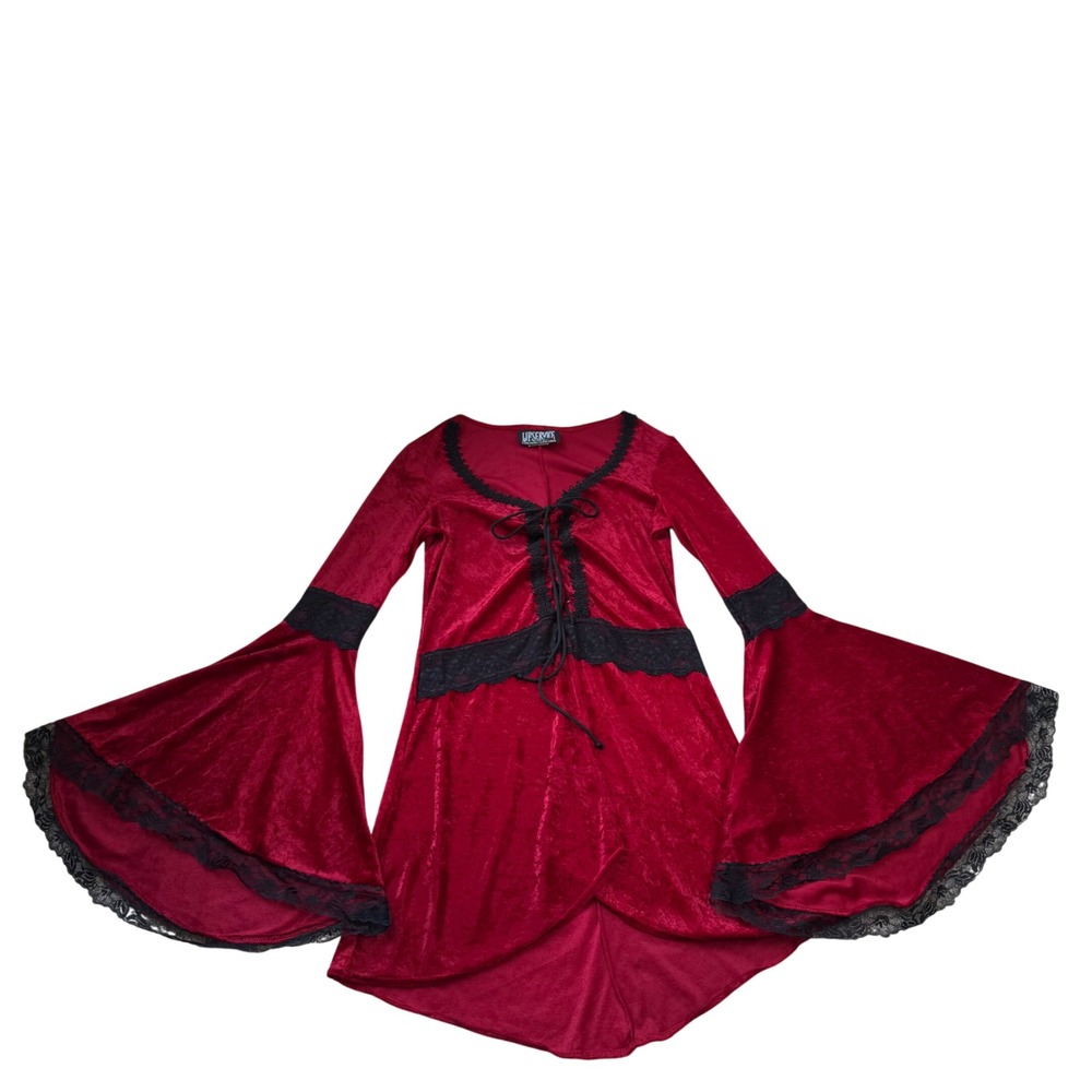 Vintage Y2K 90s Lip Service Corset Bell Sleeve Lace up Crushed Velvet Top Goth L - Picture 5 of 8